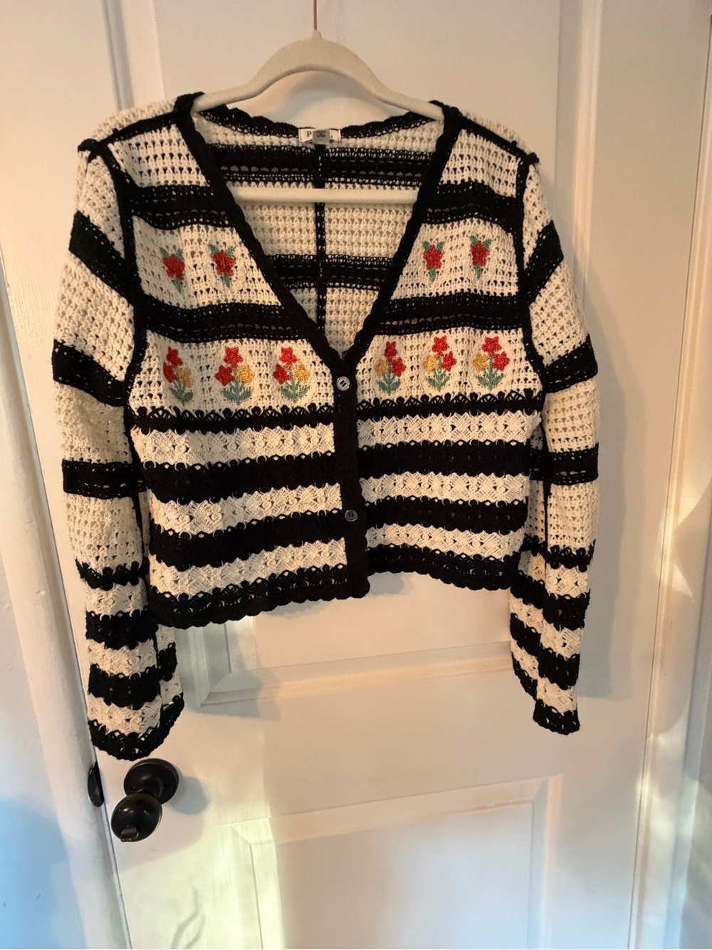 NWOT ~ POL Black & White Striped Crochet Cardigan with Floral Embroidery Small